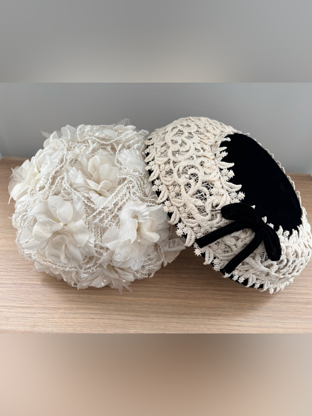 Vintage Womenโs Hat Set of 2 - Floral Cream Hat & Black Velvet Lace Hat - Small